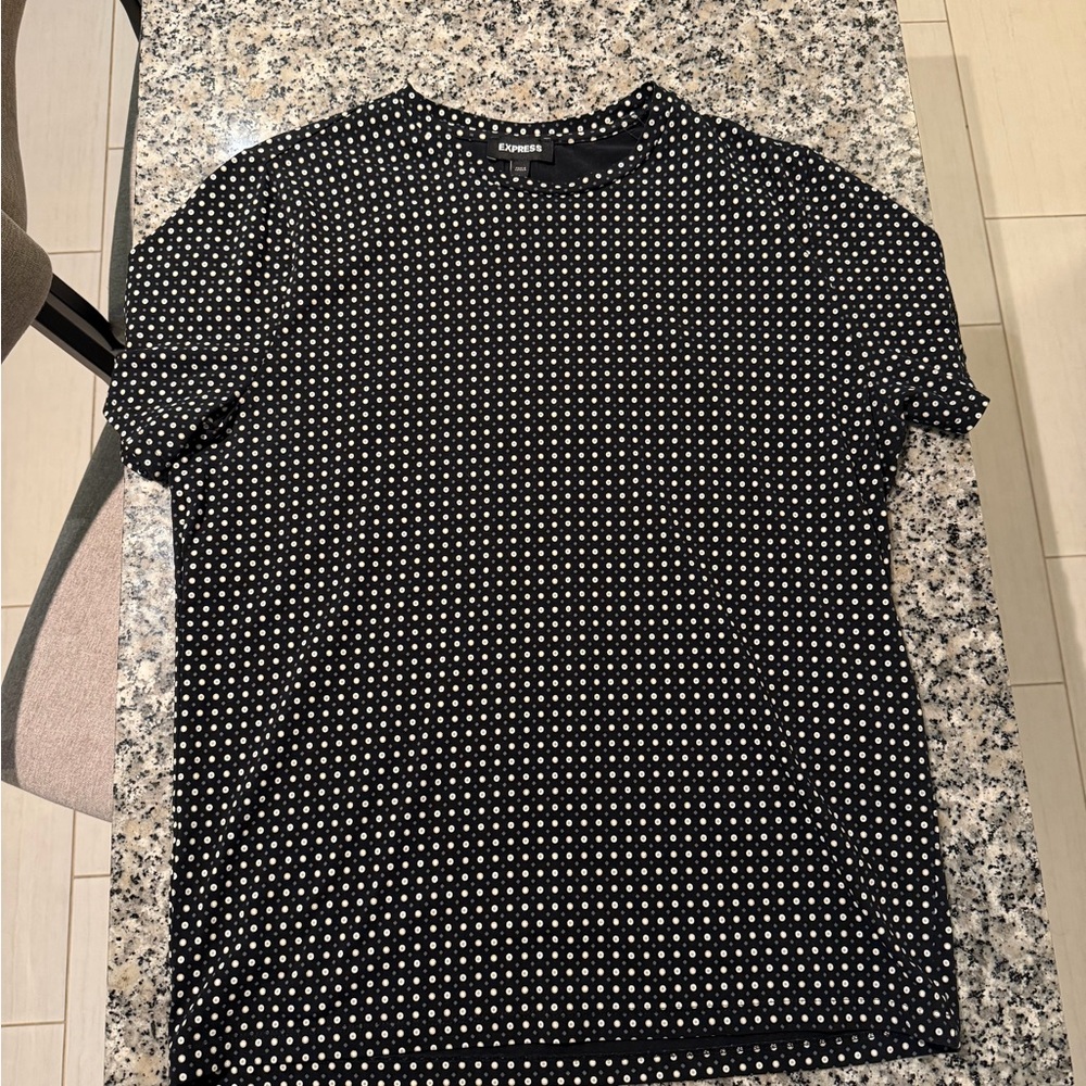 Express Black Tee with White and Blue Dots